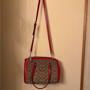 Coach Stanton Carryall 26 in Signature Jacquard with True Red leather trim.
